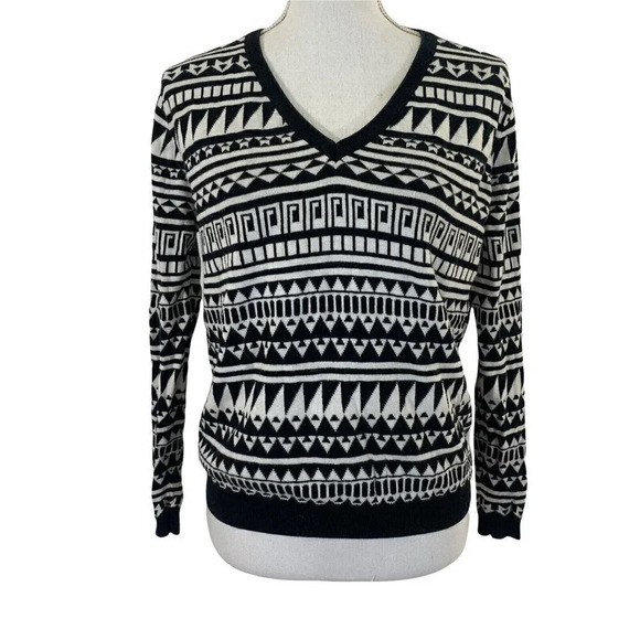 Black and White Geometric Pattern 90s Sweater V Neck Womens Medium - Picture 1 of 7